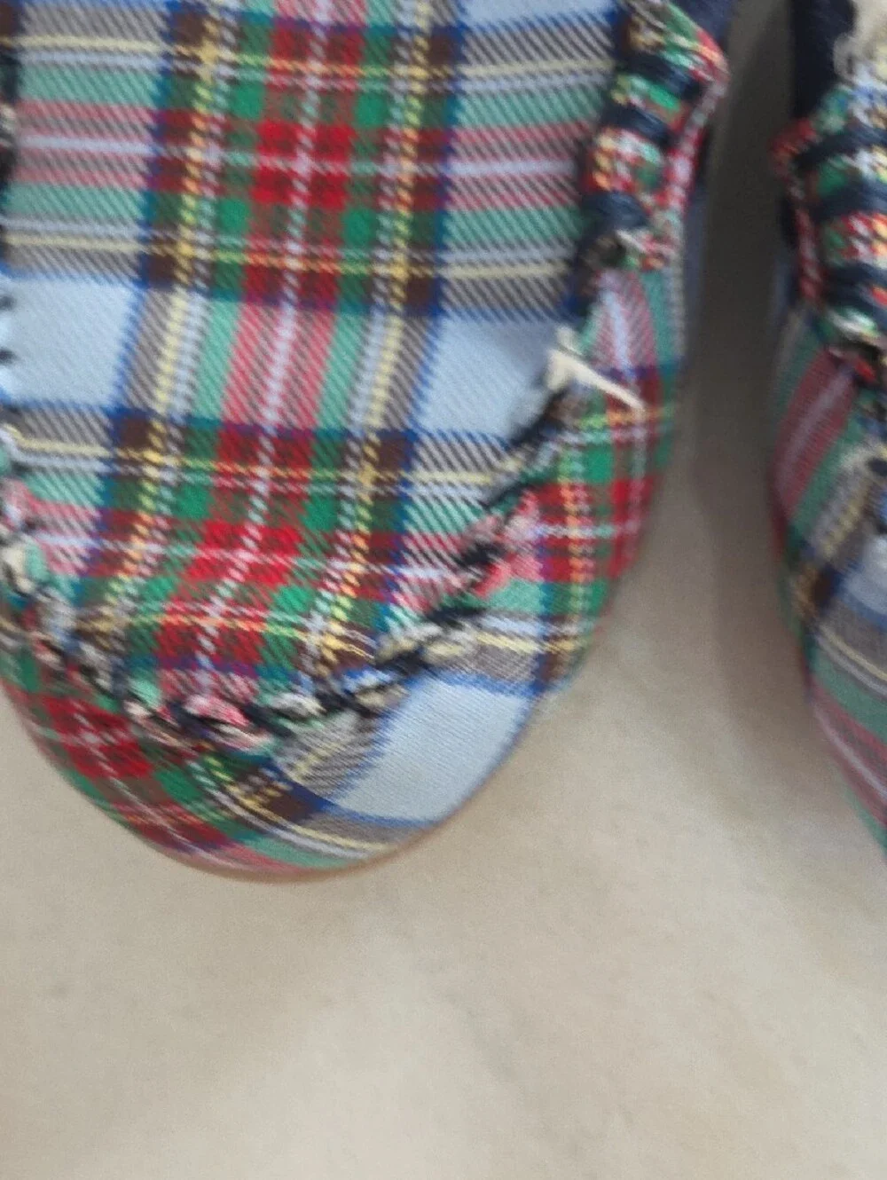 Lands' End Blue Plaid Sherpa-Lined Moccasin Slippers Size 2